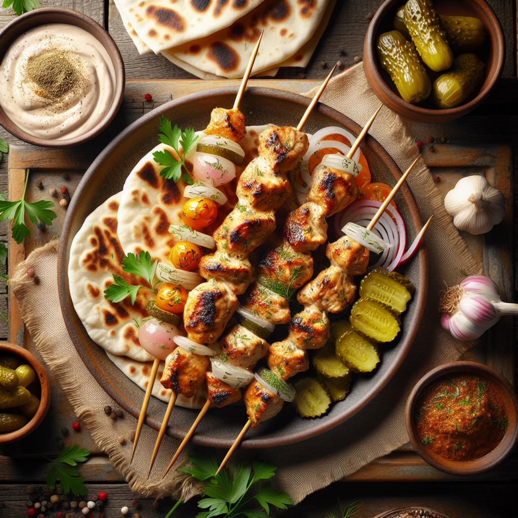 Grilled chicken shish taouk skewers with golden char, served with garlic sauce, pickles, flatbread and herbs in natural lighting