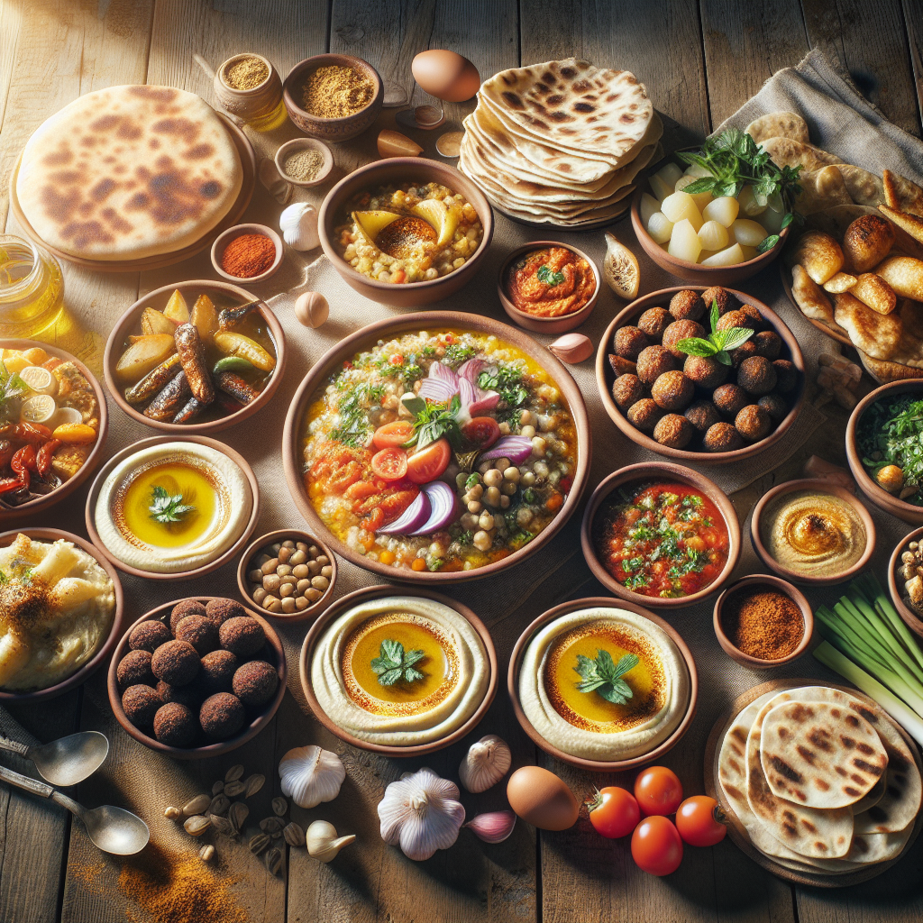 Traditional Egyptian dishes like koshari, kofta, and ful medames surrounded by vibrant spices and herbs in warm, earthy tones