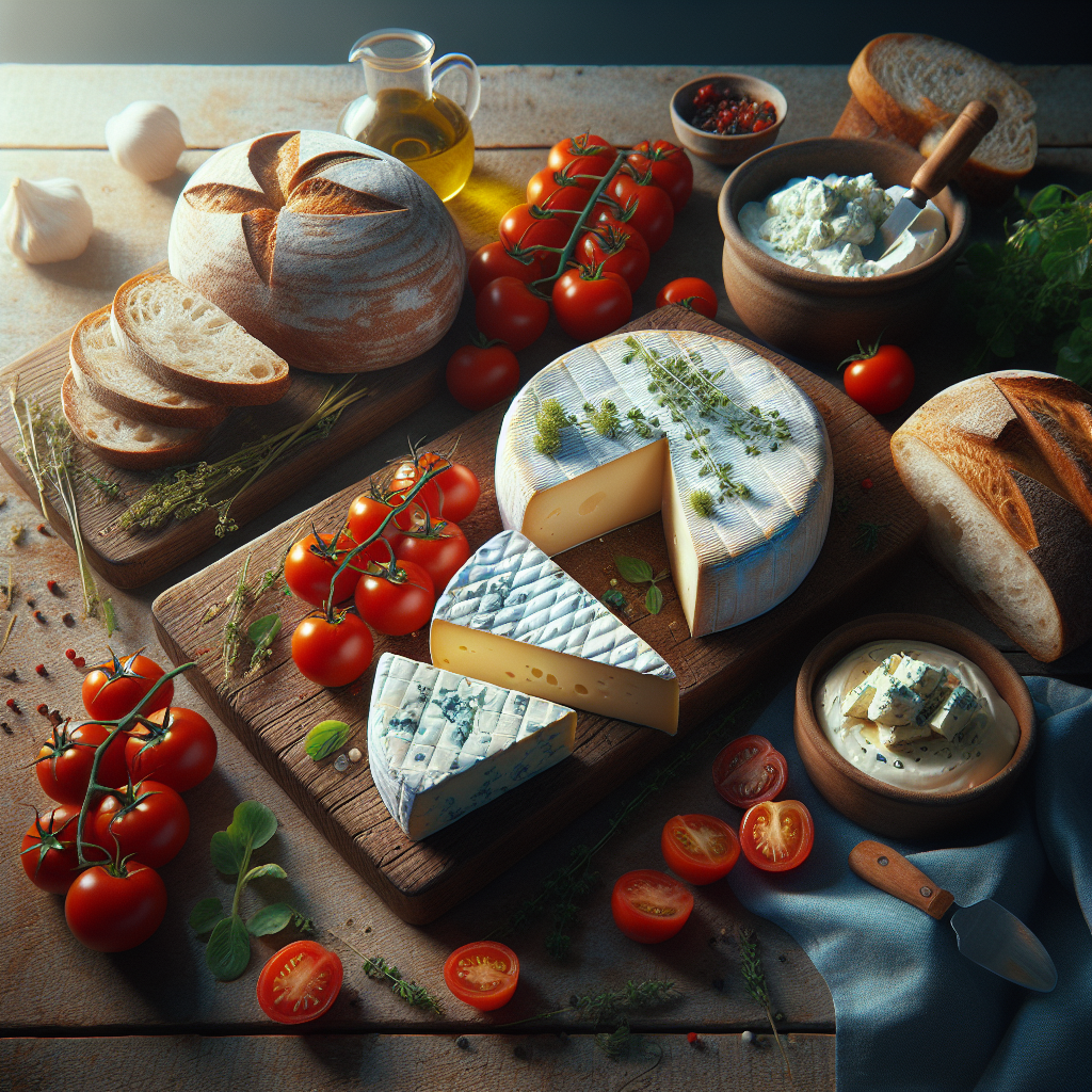 Soft creamy Kiri cheese portions on a wooden board beside fresh bread, tomatoes, and herbs under natural lighting