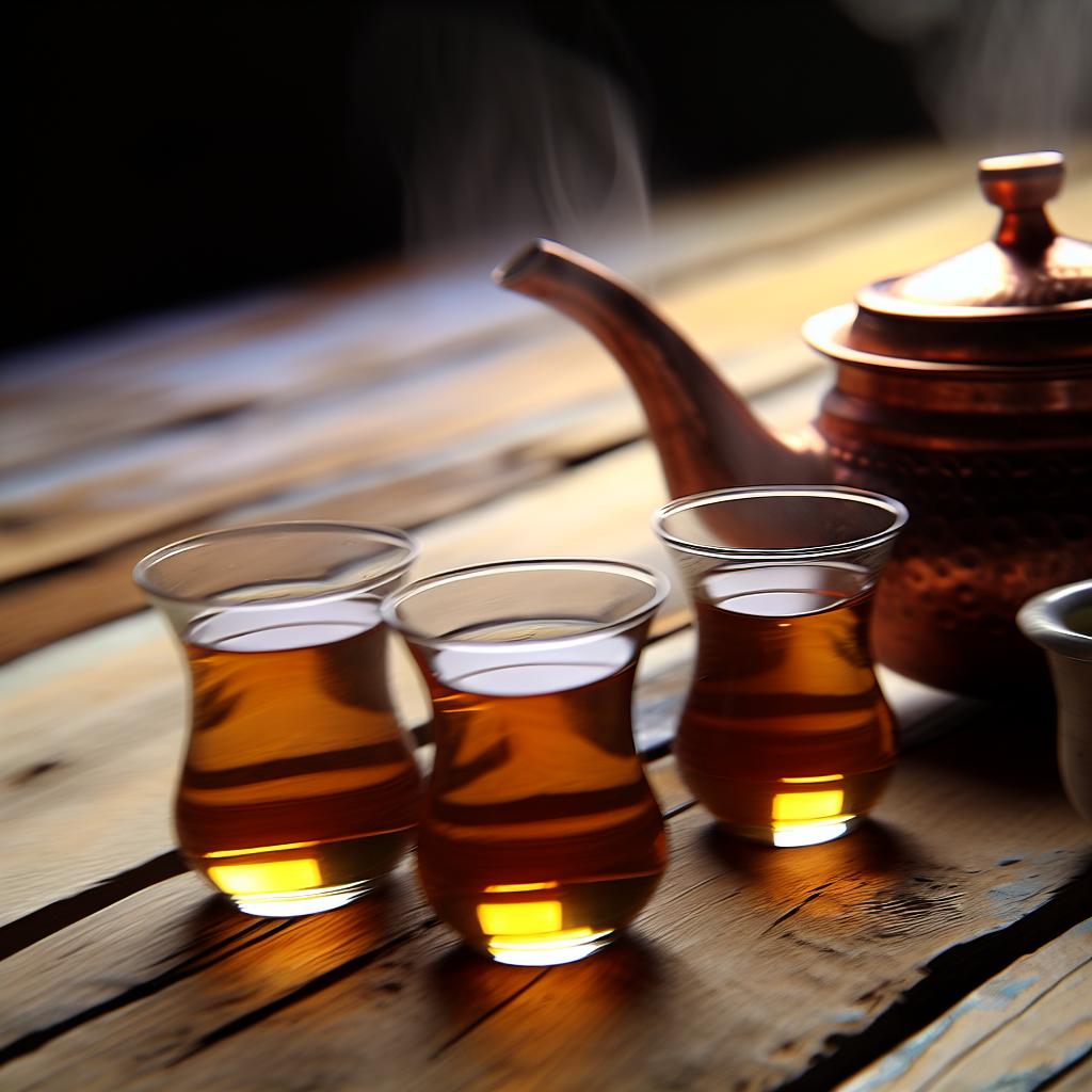 Traditional Turkish tea set with steaming tea in tulip-shaped glasses and a copper teapot on a rustic wooden table