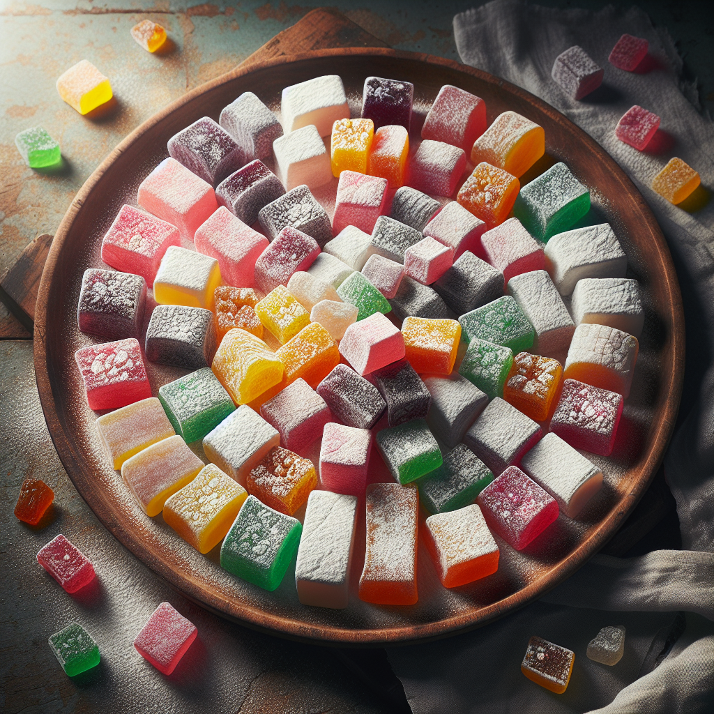 Assorted Turkish Lokum in vibrant colours dusted with icing sugar on a rustic wooden plate