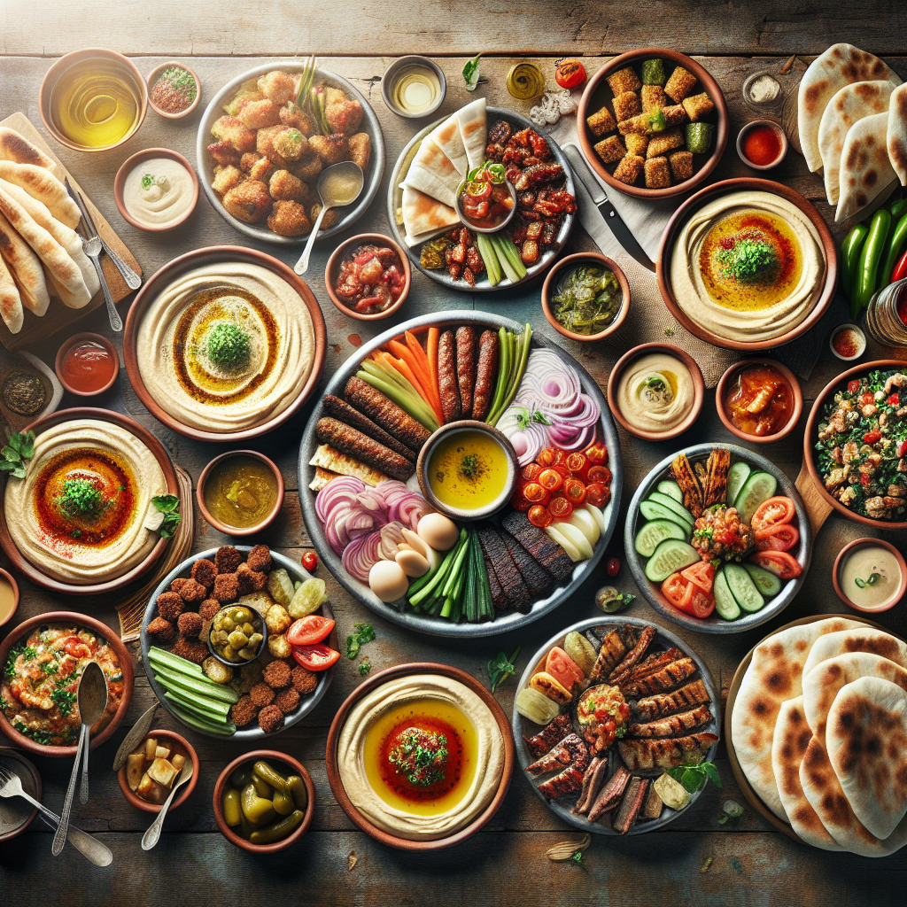 Traditional Lebanese mezze including hummus, falafel, grilled meats, tabbouleh, and fresh pita bread on a rustic wooden table