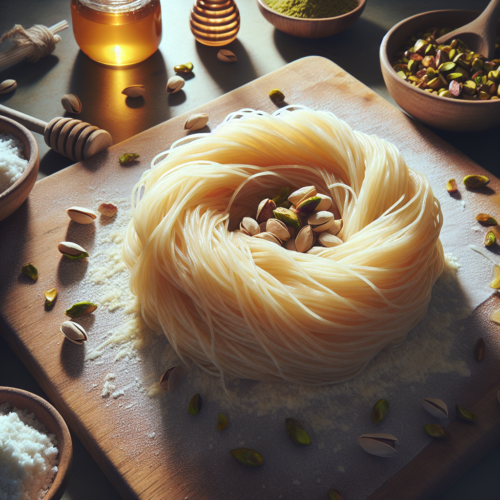 Fine strands of raw kataifi dough on a wooden board with pistachios and honey, showing texture and golden colour under natural light