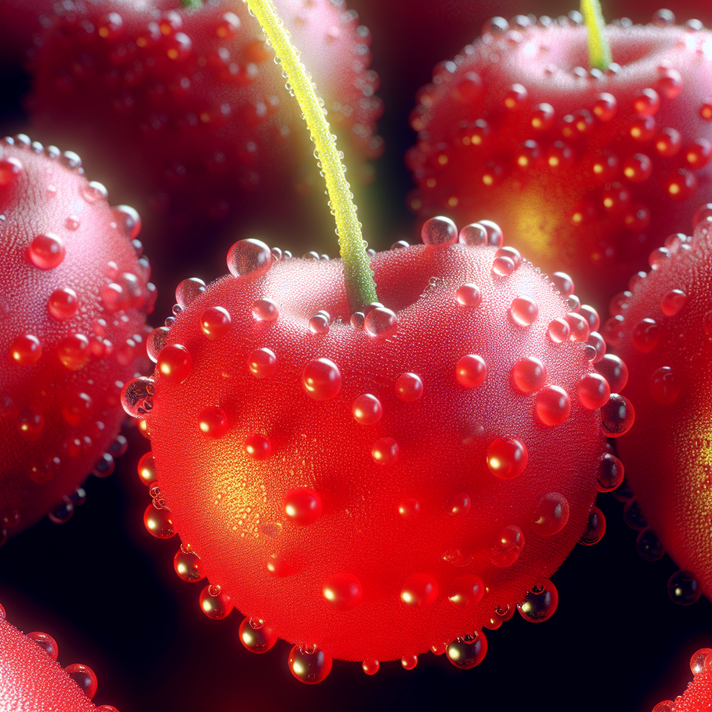 A close-up image of fresh, bright red sour cherries with stems in natural light, highlighting their glossy texture and rich colour.