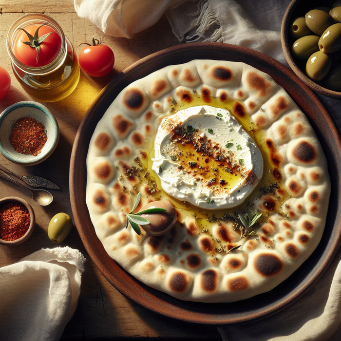 Toasted flatbread topped with creamy Labneh, za’atar, and olive oil, served with olives and cherry tomatoes