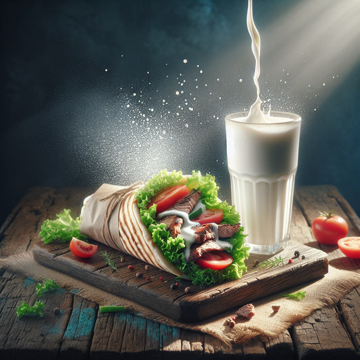 Grilled lamb wrap with fresh vegetables paired with a cold glass of Melis ayran