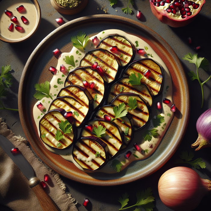 Grilled aubergine slices topped with tahini sauce, pomegranate seeds and parsley
