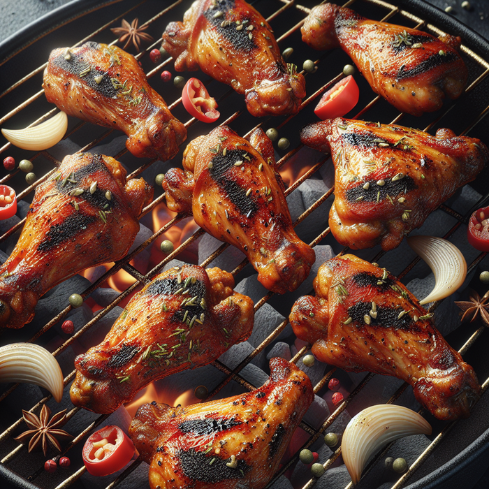 Grilled halal chicken wings coated in spicy rub with visible char marks on a barbecue grill