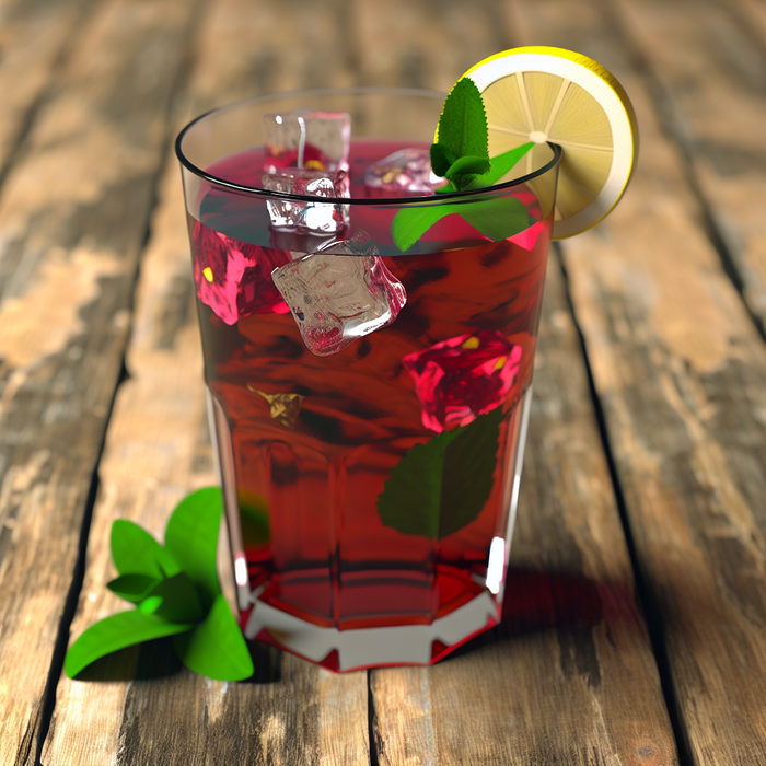 Chilled karkadeh hibiscus tea in a tall glass with mint and lemon
