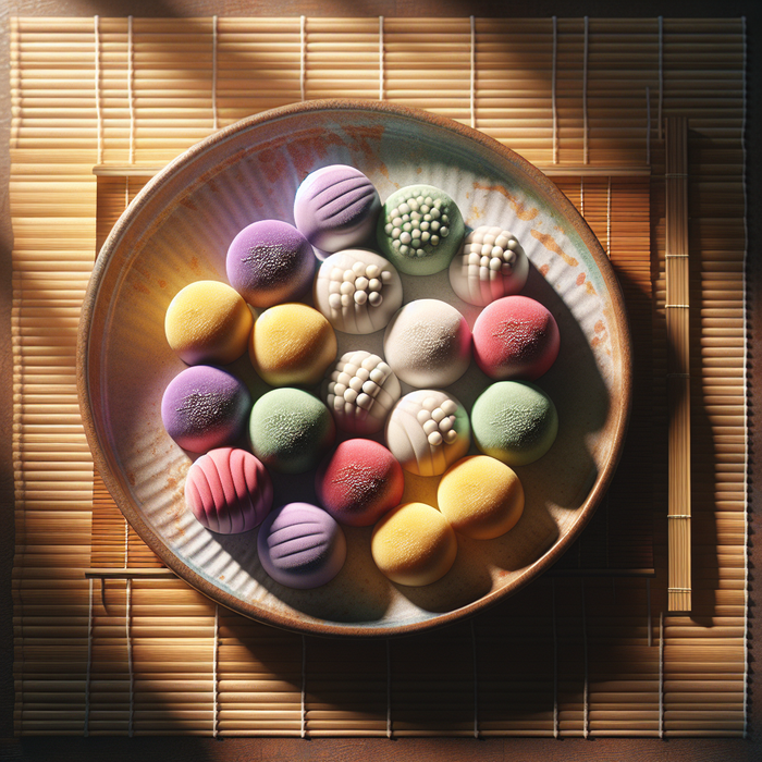 Colourful mochi ice cream bites arranged neatly on a ceramic plate