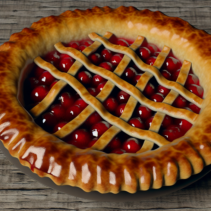 A freshly baked sour cherry pie with a lattice crust, filled with vibrant red cherries.