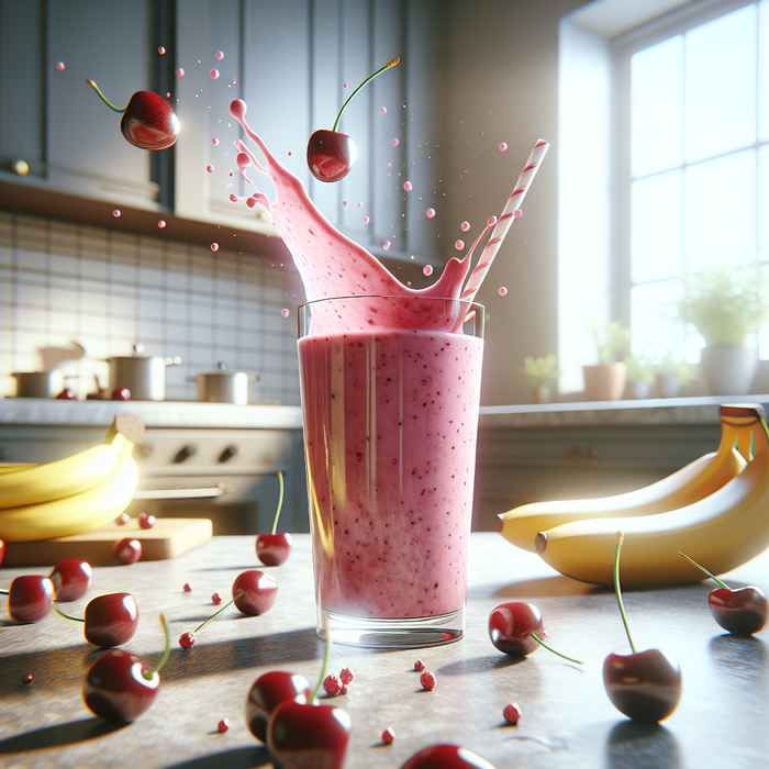 Sour cherry smoothie in a glass surrounded by bananas and cherries on a counter