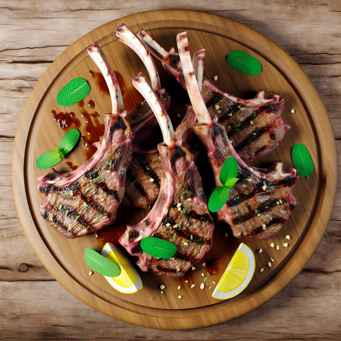 Grilled Halal Lamb Chops on wooden plate