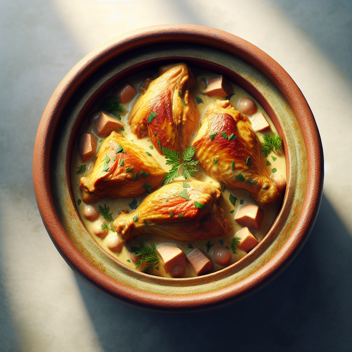 Moroccan chicken tagine with creamy sauce served in a traditional pot