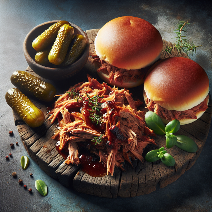 Tender pulled beef coated in smoky BBQ marinade, served with soft buns and pickles on a rustic board
