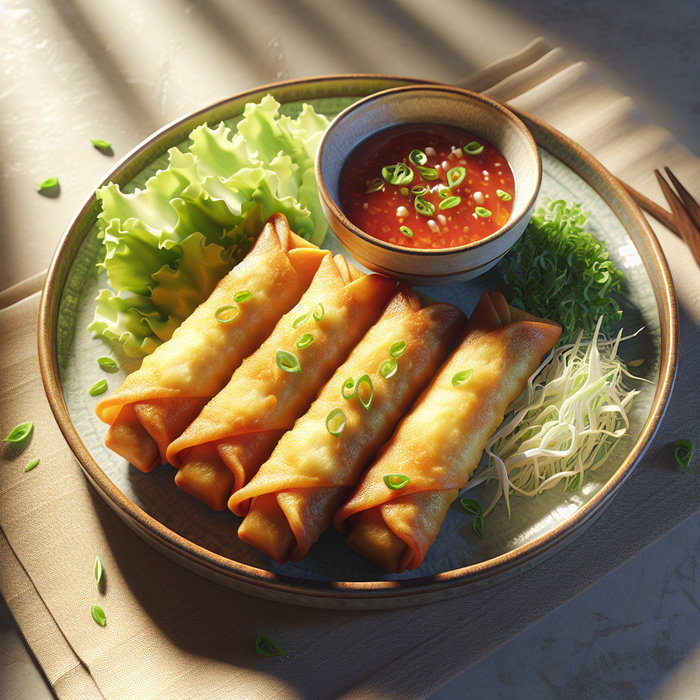 Golden fried vegetable spring rolls served with dipping sauce and lettuce garnish