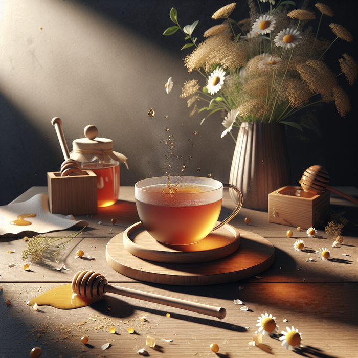 A cup of chamomile tea with honey and dried chamomile flowers on a wooden nightstand