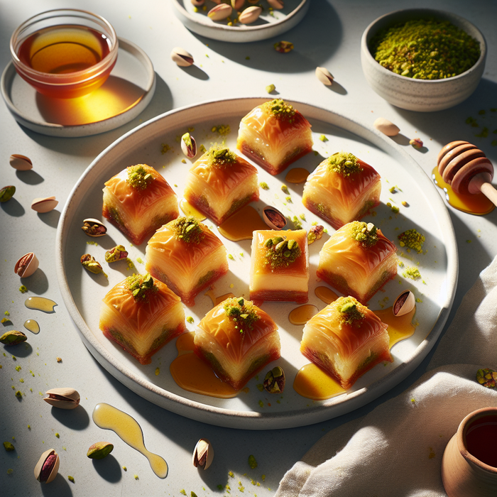Baklawa cheesecake bites topped with pistachios and honey on a white ceramic plate