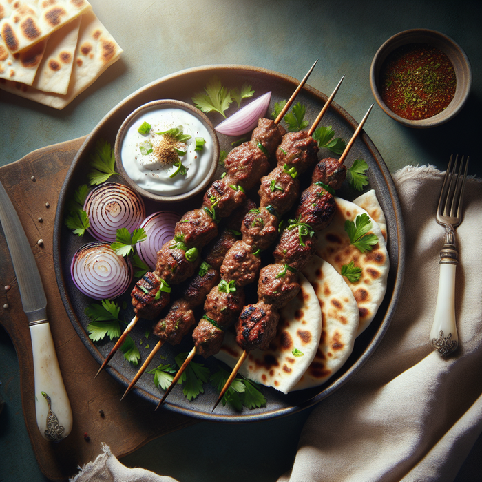 Grilled lamb kofta with garlic yoghurt, sumac onions, and flatbread on a rustic plate