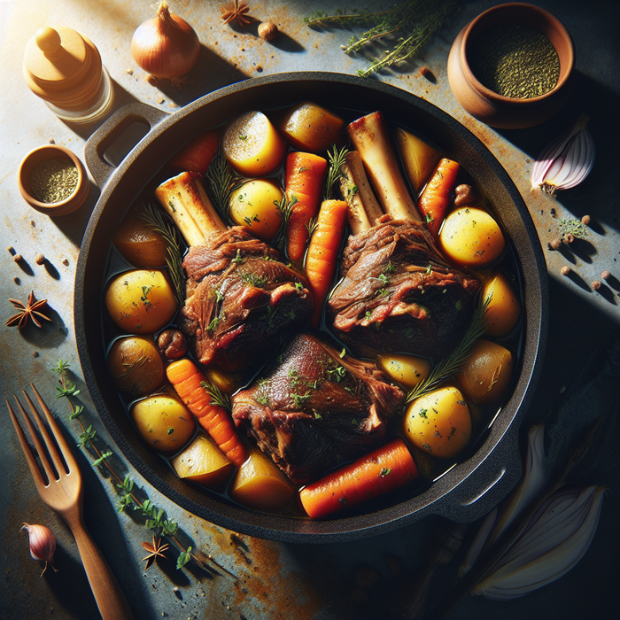 Cooked halal beef shanks in rich gravy with carrots and potatoes in a large cast iron pot