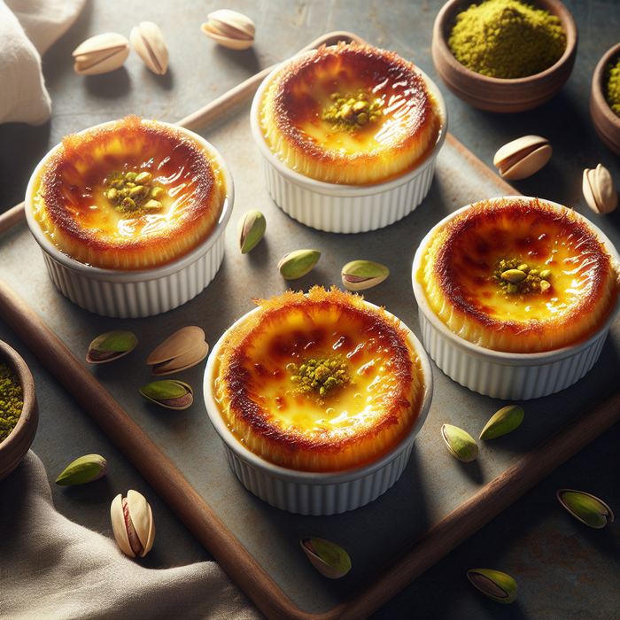 Mini Cheese kunafa cups with melted centres and pistachio topping in small ramekins