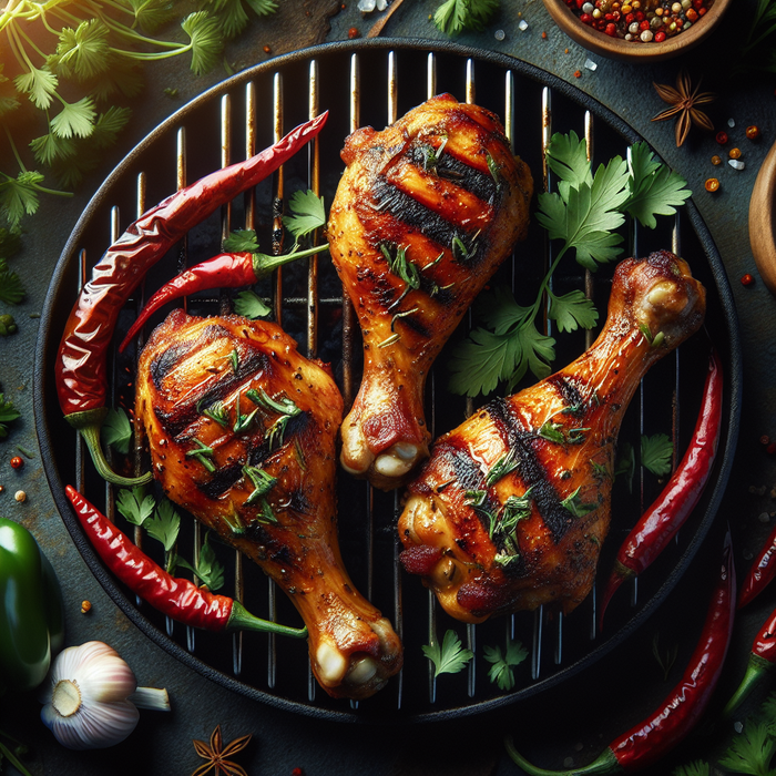 Grilled halal chicken drumsticks with charred skin and herbs on a barbecue grill