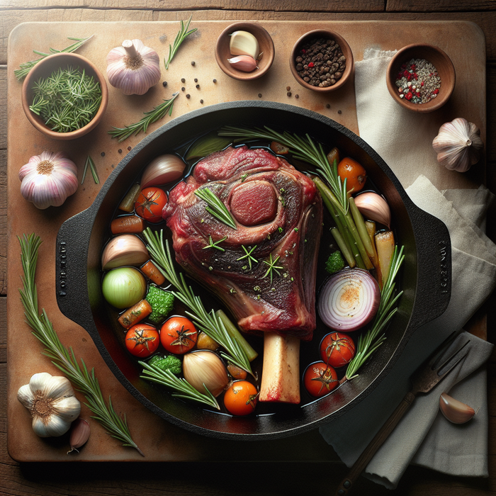 Braised halal lamb shank in a pot with herbs and vegetables, cooked until tender