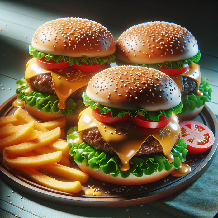Halal cheeseburgers with melted cheddar in sesame buns with fresh lettuce and tomato