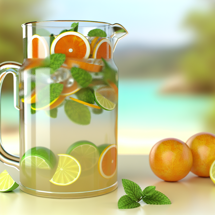 Glass jug of tropical punch made with Freez Drinks, citrus slices and mint