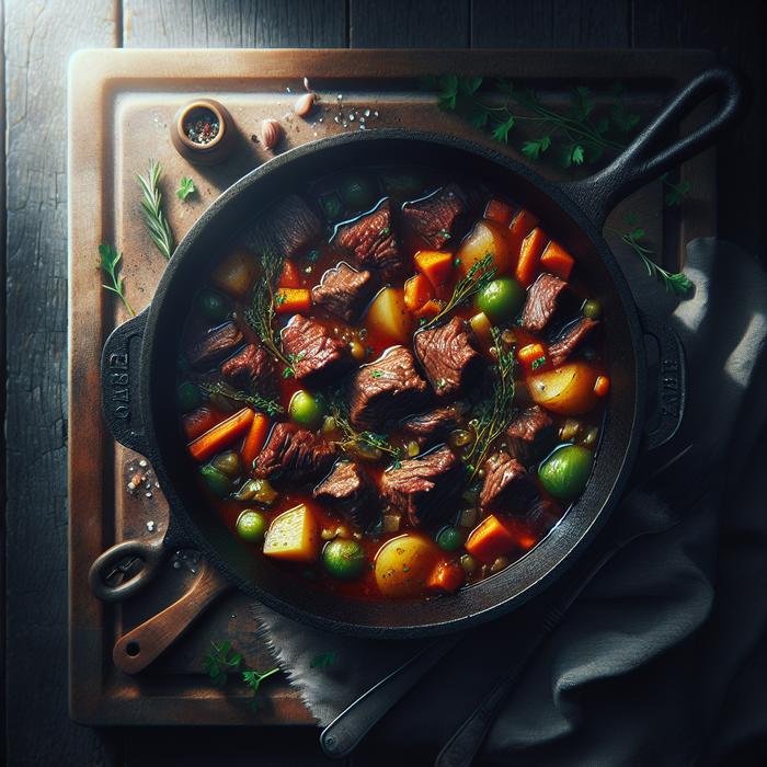 Hearty beef and ale stew with vegetables in a rustic cast iron pot