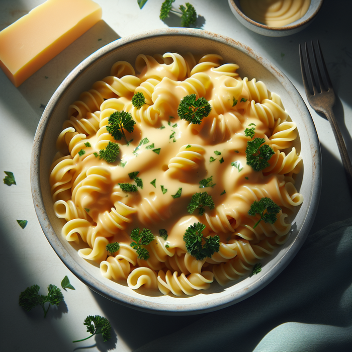 Creamy pasta in a white bowl with melted Kiri cheese and parsley garnish