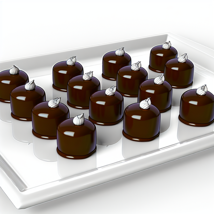 Chocolate-dipped petit fours on a white platter with decorative icing.