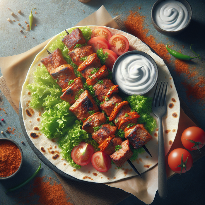 Sliced grilled halal kebabs in a wrap with lettuce, tomato, and yoghurt dressing