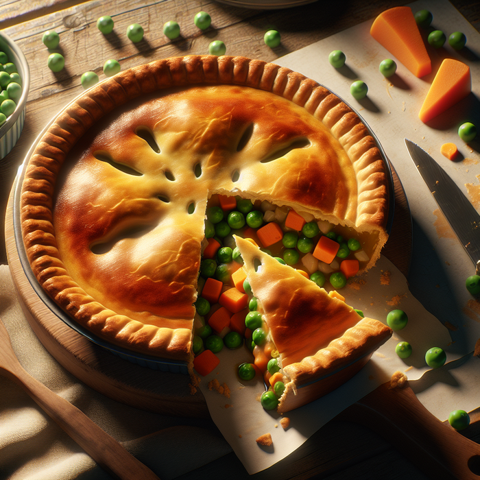 Chicken pot pie sliced open showing peas and carrots inside a golden pastry crust