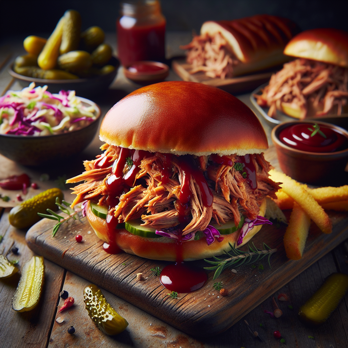 Pulled pork sandwich with BBQ sauce, slaw and pickles on rustic board