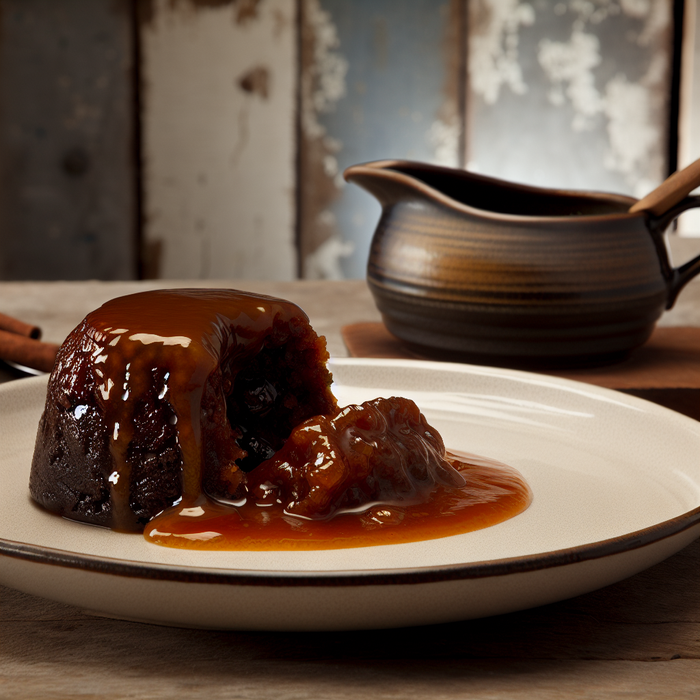 Sticky date pudding served with warm toffee sauce on a plate