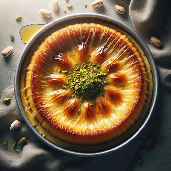 Cheese-filled kunafa in a round tray with golden pastry and pistachio topping