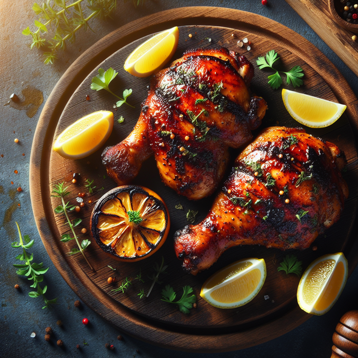 Grilled chicken thighs with rich BBQ spice crust and garnished with fresh herbs on a rustic board