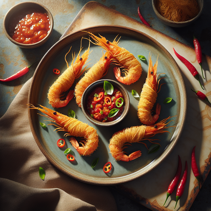 Golden kataifi-wrapped prawns with a side of red chilli dipping sauce on a plate