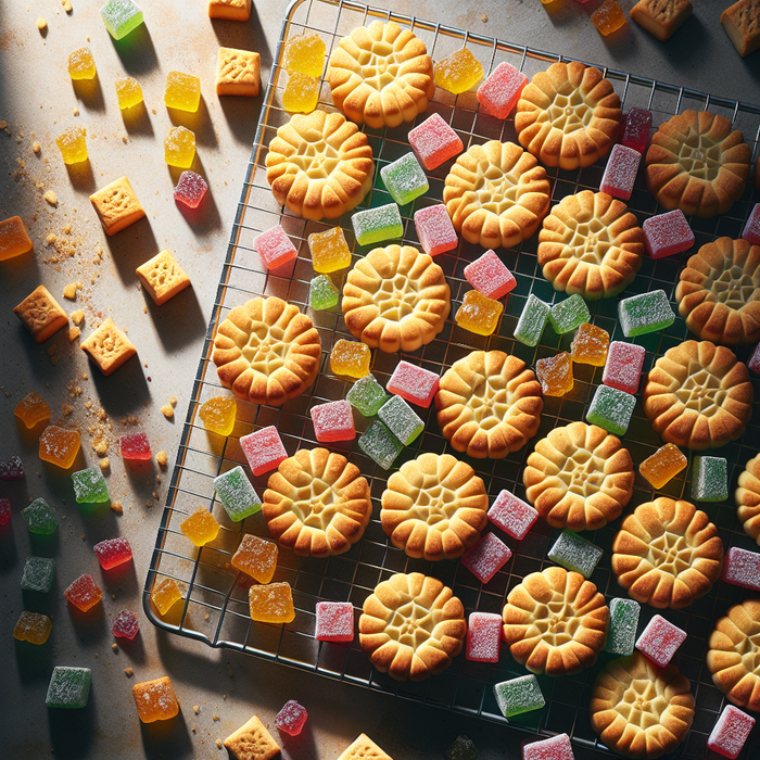 Golden shortbread biscuits with visible bits of colourful lokum on a wire rack