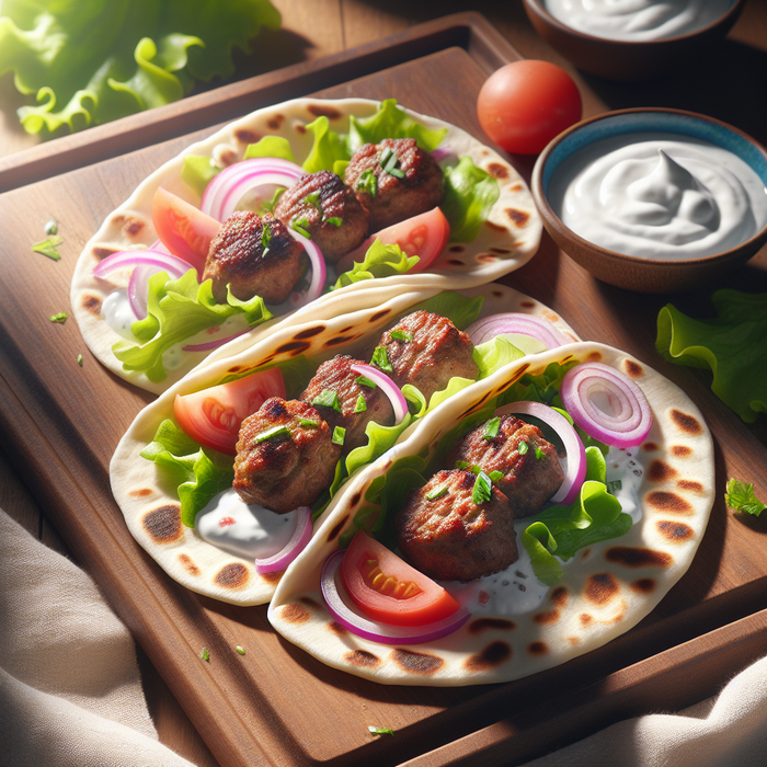 Sliced lamb kofta wraps with fresh salad and yoghurt sauce on flatbreads