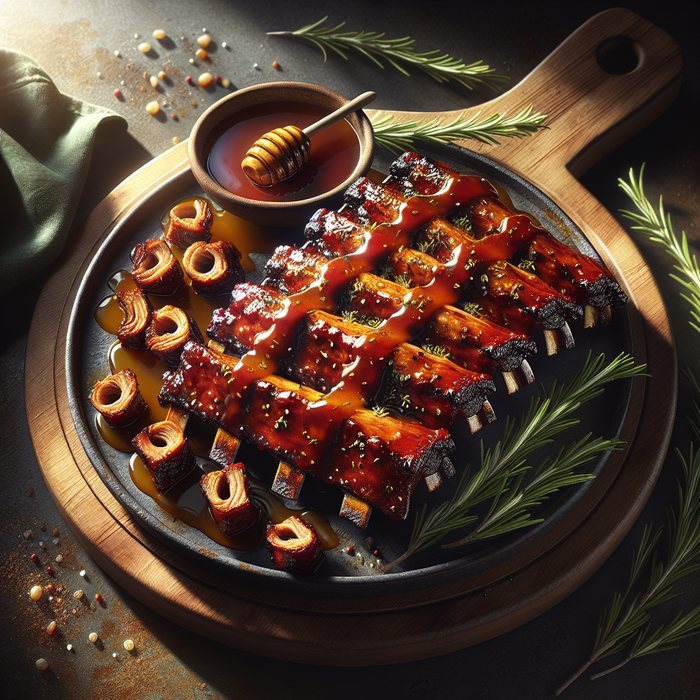 Sticky honey-glazed BBQ ribs on a platter with rosemary garnish and rich caramelised surface