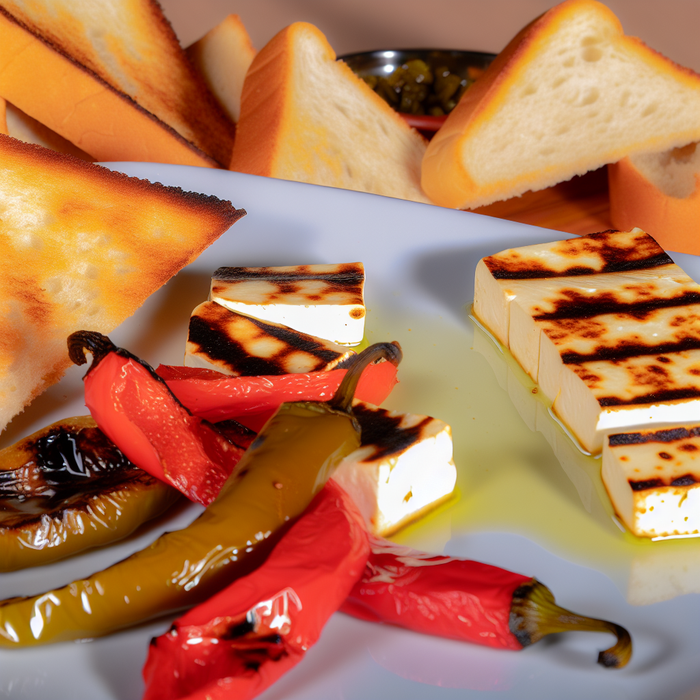 Grilled halloumi on Turkish bread with peppers and olive oil on ceramic plate