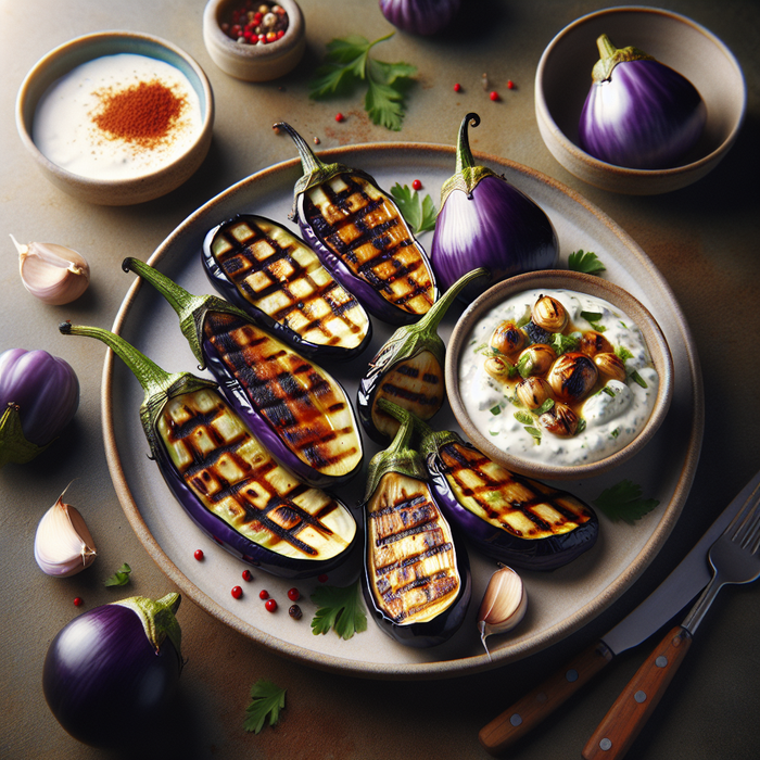 Chargrilled baby aubergines on a plate topped with garlic yogurt and fresh herbs