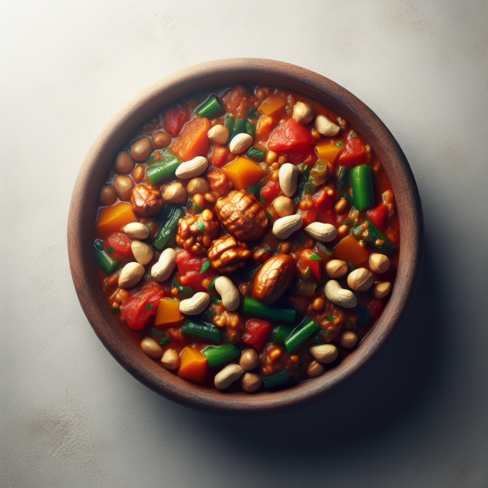 A bowl of West African peanut stew with vegetables and groundnut topping