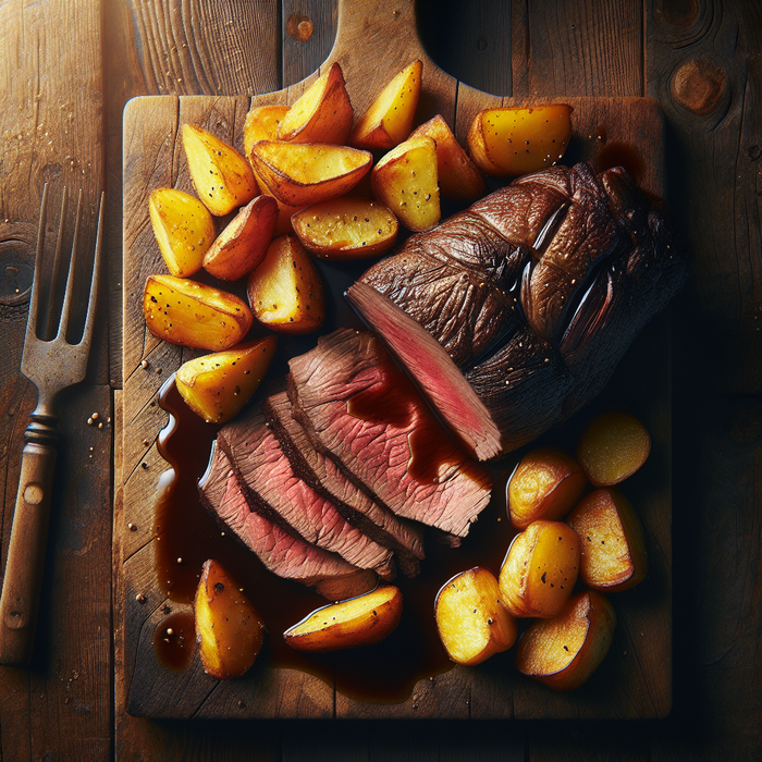 Slow-roasted halal beef topside slices on cutting board with roast potatoes and gravy