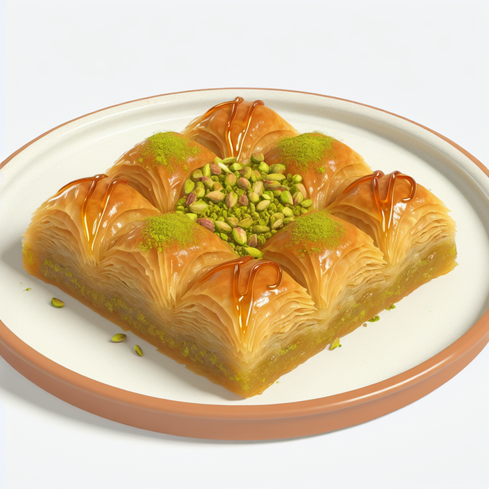 Golden baklava layered with pistachios and honey on a ceramic plate