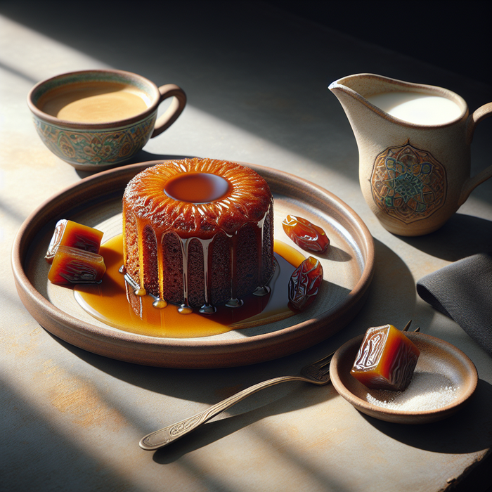 Moist date cake served with a small cup of Arabic coffee on a ceramic plate