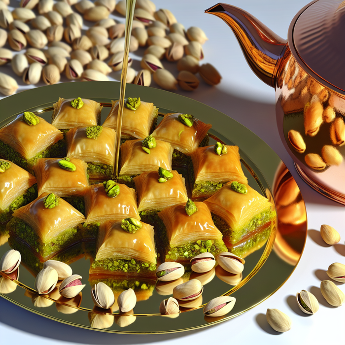 Tray of pistachio baklava glistening with syrup and whole pistachios beside a copper teapot