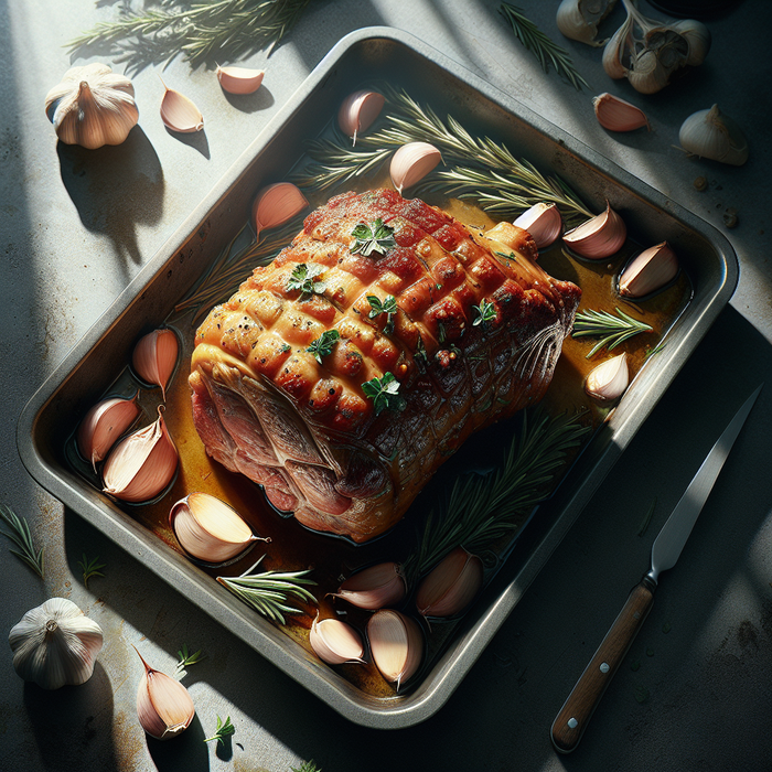 Slow-cooked halal lamb shoulder with garlic and rosemary in a roasting tray